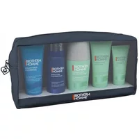 Biotherm Aquapower Set in a black zippered pouch, featuring blue and green bottles of cleanser, shower gel, shaving foam, deodorant, and gel.