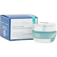 Biotherm Aquasource eye gel in a clear jar with a silver lid, next to a blue and white box.