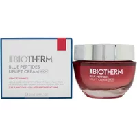 Red jar of Biotherm Blue Peptides Uplift Rich Cream with silver lid, next to white box with blue and red accents.