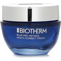 Blue glass jar with silver lid, labeled "Biotherm Blue Pro-Retinol Multi-Correct Cream 50ml" in white text.