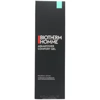 Black rectangular box of Biotherm Homme Aquapower Comfort Gel with white and red text, turquoise accent.