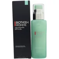 Green Biotherm Homme Aquapower SPF 14 gel bottle with silver pump, next to black box packaging.