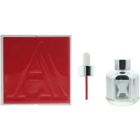 Clear glass bottle with silver cap, red "A" label, and white dropper; red box with embossed "A".