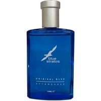 Blue glass bottle of Blue Stratos Original Blue Aftershave, silver cap, white logo with a bird silhouette.