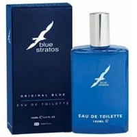 Blue Stratos Original Blue Eau De Toilette 100ml in a sleek blue bottle with silver cap and matching blue box.
