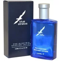 Blue glass bottle of Blue Stratos Pre Electric Shaving Lotion 100ml with silver cap and matching navy box.