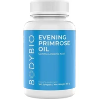 BodyBio Evening Primrose Oil bottle with blue label, white cap, 180 capsules, Gamma Linolenic Acid text.