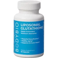 BodyBio Liposomal Glutathione bottle, white with blue label, 60 capsules, dietary supplement.
