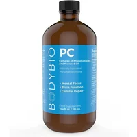 Brown bottle of BodyBio PC Liquid 395ml with blue label and black cap.