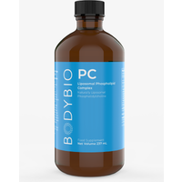 Brown bottle with blue label, black cap, labeled "BodyBio PC Liposomal Phospholipid Complex" 237 ml.