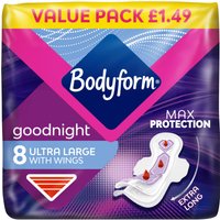Bodyform Cour-V Ultra Night sanitary towels pack, purple and pink design, 8 ultra large with wings, value pack label.