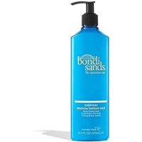 Blue Bondi Sands tanning milk bottle with black pump and white text, 375ml size.