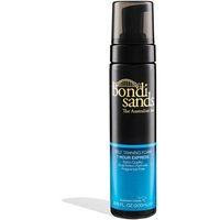Black and blue Bondi Sands Self Tanning Foam One Hour Express bottle with gold logo and black cap.