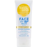 Bondi Sands SPF 50+ Everyday Face Lotion, 75 ml, white tube with yellow sun logo and blue text.