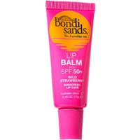 Pink Bondi Sands SPF 50+ lip balm tube with yellow sun logo and "Wild Strawberry" text, 10g size.