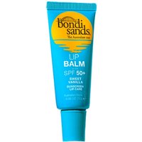 Blue Bondi Sands SPF 50+ lip balm tube with yellow sun logo and sweet vanilla flavor, 10g size.