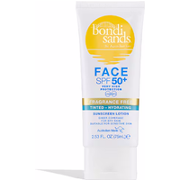 Bondi Sands SPF50+ matte tinted face lotion in white tube with gold and blue accents, 75ml size.