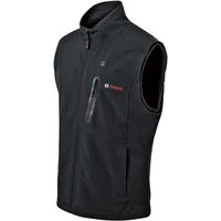 Black Bosch heated vest with zippered chest pocket, red logo, and high collar, designed for 12+18V power use.