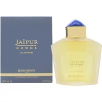 Boucheron Jaipur Homme Eau De Parfum 100ml, yellow bottle with blue cap, next to blue and gold box.