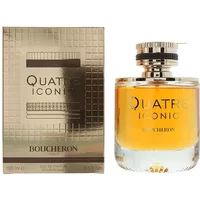 Boucheron Quatre Iconic Eau De Parfum 100ml, clear glass bottle with gold accents, next to gold textured box.
