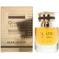 Boucheron Quatre Iconic Eau De Parfum 30ml with gold cap, clear bottle, and matching gold box with embossed design.