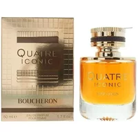 Boucheron Quatre Iconic Eau De Parfum 50ml, gold cap, clear glass bottle, next to gold and black box.