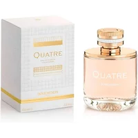 Boucheron Quatre Pour Femme Eau De Parfum 100ml, clear bottle with gold accents, next to white and gold box.