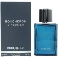 Boucheron Singulier Eau De Parfum 50ml, blue rectangular bottle with black cap, next to matching dark box.