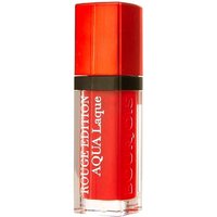 Red Bourjois lipstick in a clear rectangular tube with a red cap and white text "Rouge Edition Aqua Laque."