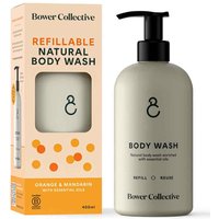 Bower Collective body wash pump, beige bottle with black pump, orange and mandarin scent, 400ml, in branded packaging.