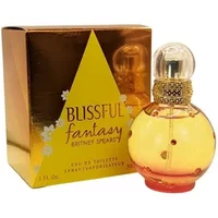 Britney Spears Blissful Fantasy perfume, 30ml round amber bottle with gold accents, next to gold box.