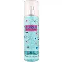 Britney Spears Curious Fine Fragrance Mist 236ml, clear bottle with blue liquid and pink label with decorative swirls.