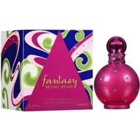 Pink round bottle with rhinestones, topped with a pink cap, next to a colorful box with swirls and a pink triangle.