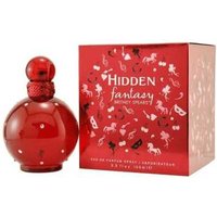 Red Britney Spears Hidden Fantasy perfume bottle with matching box adorned with whimsical white and pink designs.