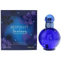 Blue spherical bottle of Britney Spears Midnight Fantasy Eau De Parfum 50ml with decorative cap and floral box.