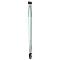 TRUYU brow brush with angled bristles on one end and a spoolie brush on the other, featuring a sleek silver handle.