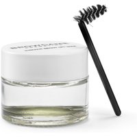 Clear jar with white lid of Browgame Instant Brow Lift Wax, accompanied by a black spoolie brush.