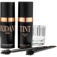 Browgame Lash & Brow Tint Brown 20 ml, black and gold bottles with applicator brush and glass mixing cup.