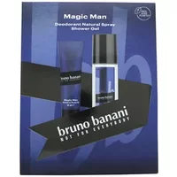 Bruno Banani Magic Man gift set with blue deodorant spray and shower gel in sleek black and blue packaging.
