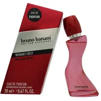 Bruno Banani Woman's Best Eau De Parfum 20ml, pink curved bottle with red cap, next to matching red box.