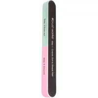 Brushworks 6 Way Shape & Shine Buffer, rectangular with pink, green, and black sections labeled for nail care steps.