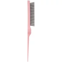 Pink Brushworks back combing brush with long handle, dense bristles, and pointed tip for sectioning hair.