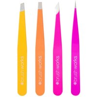 Brightly colored tweezer set with yellow, orange, pink, and magenta tweezers, each with different tips.