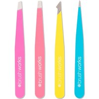 Brushworks Complete Tweezers Set, 4 pcs in pink, yellow, blue; slant, pointed, and flat tips with logo on handles.