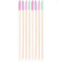 Brushworks Cuticle Crystal Sticks, 8 wooden sticks with pastel-colored tips in pink, purple, and green.