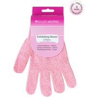 Pink brushworks exfoliating gloves, 3 pairs, textured surface, packaged with branded pink label.