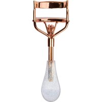Rose gold eyelash curler with a glittery white handle by brushworks.