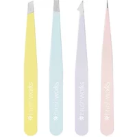 Brushworks HD Combination Tweezer Set with four pastel-colored tweezers in yellow, blue, purple, and pink.