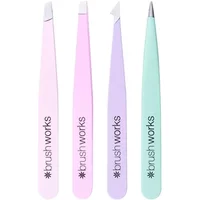 Pastel-colored Brushworks tweezer set with slant, point, and precision tips, featuring brand logo on each handle.