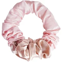 Pink satin Brushworks Heatless Curling Scrunchie with ruched texture and elastic band.
